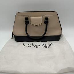 Calvin Klein Womens Beige Black Leather Top Handle Zipper Handbag with Dust Bag