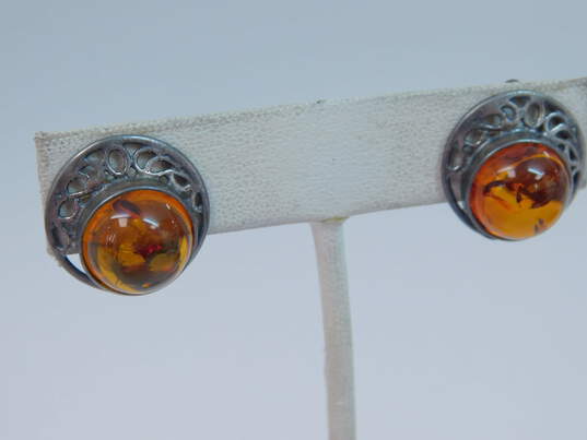 Signed Israel & Artisan 925 Amber Cabochon Circle Onyx Textured Modernist & Knot Square Clip On Earrings Variety 24g image number 7