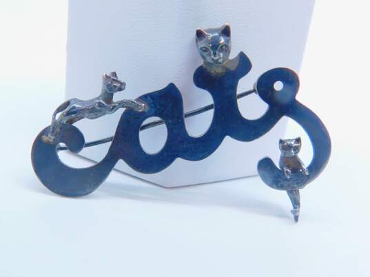 Vintage MEOW Sterling Silver Cats Brooch 8.2g image number 2