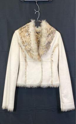 Bebe Womens Ivory Fur Trim Long Sleeve Fashionable Short Jacket Size Medium