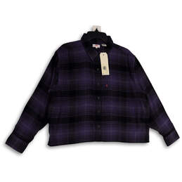 NWT Womens Purple Black Plaid Collared Long Sleeve Button-Up Shirt Size L