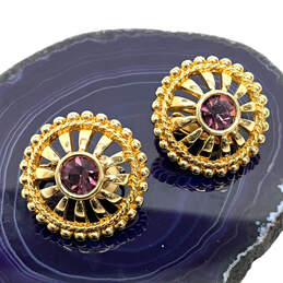 Designer Swarovski Gold-Tone Purple Crystal Clip On Fashion Stud Earrings