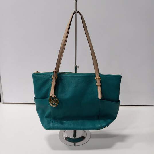 Michael Kors Teal Leather Tote Purse image number 1