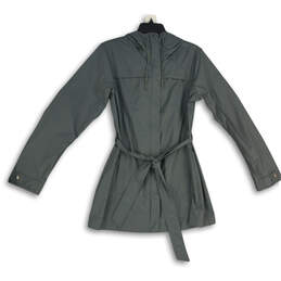 Womens Gray Long Sleeve Drawstring Hooded Full-Zip Raincoat Size Large