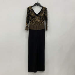 Womens Black Gold Sequin V-Neck 3/4 Sleeve Back Zip Maxi Dress Size 0 alternative image
