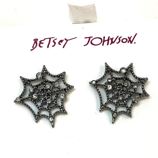 Designer Betsey Johnson Silver-Tone Spider Net Stud Earrings With Case image number 1