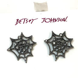 Designer Betsey Johnson Silver-Tone Spider Net Stud Earrings With Case