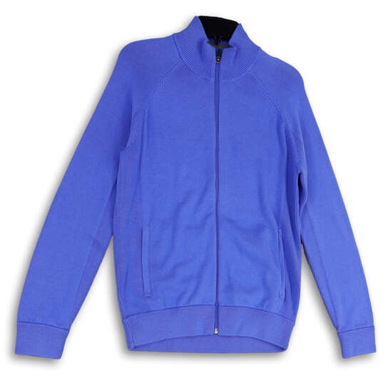 Mens Blue Mock Neck Long Raglan Sleeve Pockets Full-Zip Jacket Size Small image number 1