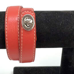 Designer Coach Silver-Tone Red Leather Stitched Turnlock Wrap Bracelet