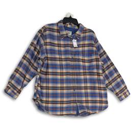 NWT American Eagle Mens Blue Orange Plaid Long Sleeve Button-Up Shirt Size L