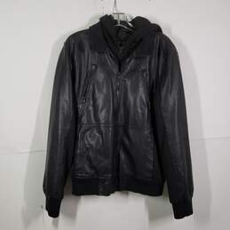 Mens Leather Pockets Long Sleeve Hooded Full-Zip Motorcycle Jacket Size Medium