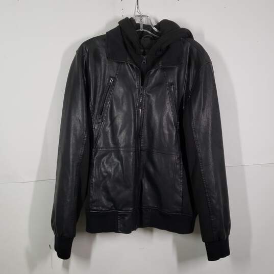 Mens Leather Pockets Long Sleeve Hooded Full-Zip Motorcycle Jacket Size Medium image number 1