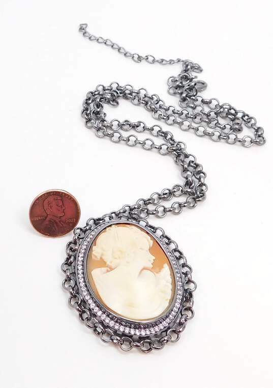 Amedeo Gunmetal Tone Carved Shell Cameo Crystal Pendant Necklace 41.4g image number 4