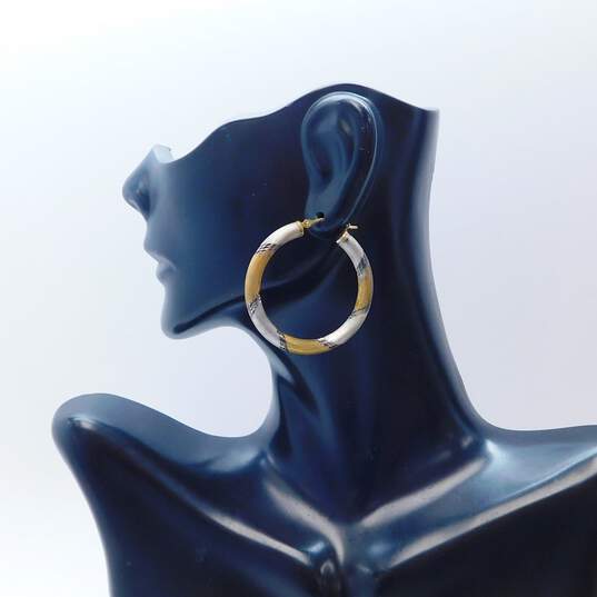 Fancy 10k Two Toned Gold Etched Hoop Earrings 5.2g image number 2