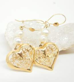 14K Yellow Gold Filigree Heart Pearl Earrings 1.5g alternative image