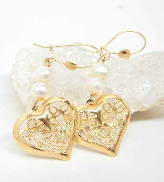 14K Yellow Gold Filigree Heart Pearl Earrings 1.5g image number 2
