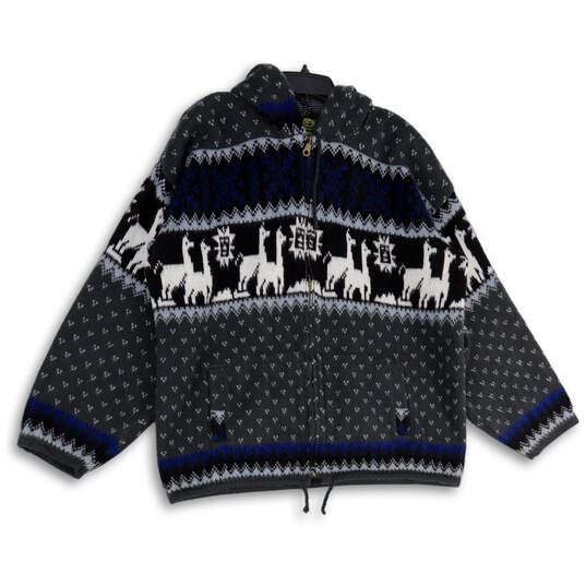 Mens Blue Black Printed Long Sleeve Hooded Full-Zip Sweater Size Large image number 1