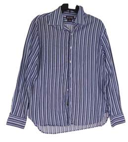 Mens Blue Long Sleeves Spread Collar Button Up Stripped Shirt Size Medium