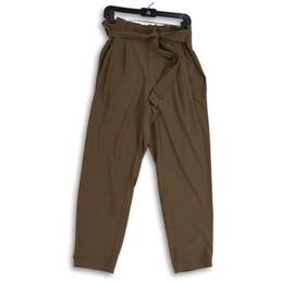 Womens Brown Pleated Waist Tie Zip Pocket Straight Leg Paperbag Pants Size 10
