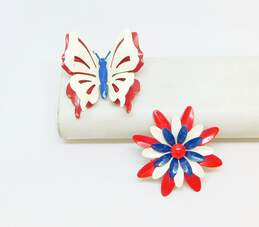 Vintage Americana Red White & Blue Modern Flower and Butterfly Brooches