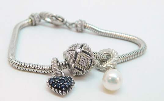 Judith Ripka Sterling Silver Sapphire CZ Pearl 3 Charm Bracelet 18.3g image number 1