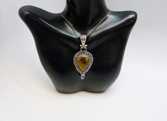 Artisan 925 Tigers Eye Teardrop Cabochon & Faceted Amethyst Accents Dotted & Scrolled Statement Pendant Chain Necklace 19.3g image number 1