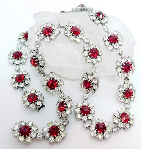 Vintage Eisenberg Ice Red & Clear Rhinestone Flower Necklace for Repair 36.2g image number 3
