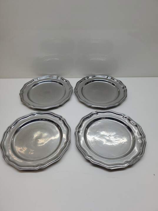 B# 4 Pc Set VTG. Wilton Armetale Queen Anne Pewter Dinner Plates Approx. 10 in. image number 1