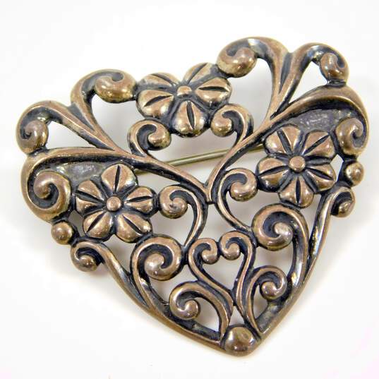 Carolyn Pollack Relios 925 Open Scrolled Floral Heart Brooch 7g image number 2