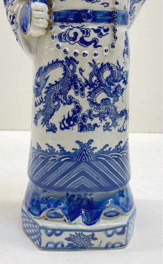 Blue and White Porcelain 18 inch Tall Chinese Emperor Statue image number 4