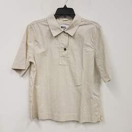 NWT Unisex Adult Beige Cotton Striped Short Sleeve Collared Polo Shirt Sz S