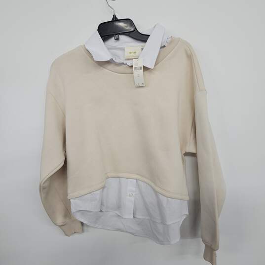 Creme Sweater Over White Collared Long Sleeve Shirt image number 1