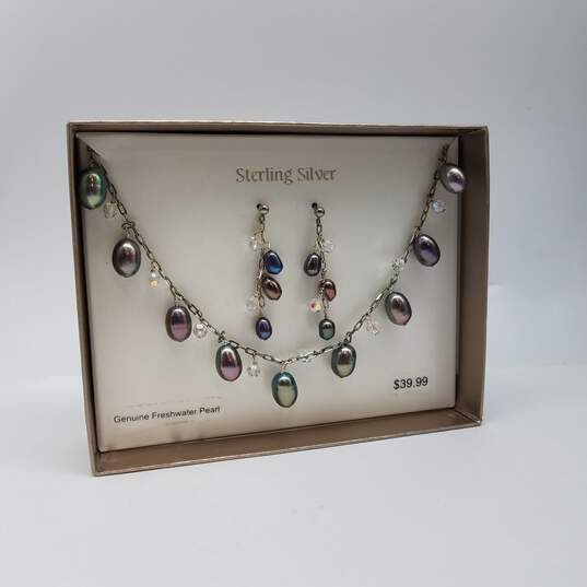 Sterling Silver Fw Pearl & Crystal 16 1/2in Necklace & 1 1/2in Earring Set 13.6g image number 3
