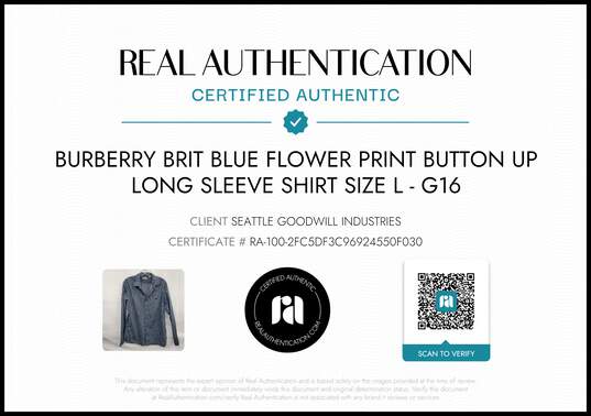 Burberry Brit Men's Blue Flower Print Button Up Long Sleeve Shirt Size L w/COA image number 2