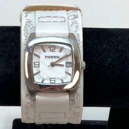 Designer Fossil BAW JR-9909 Silver-Tone White Leather Strap Analog Wristwatch