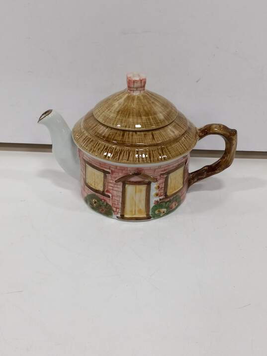 Vintage Hand Painted Cottage Shaped Teapot with Lid image number 1