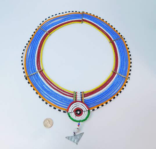 Artisan African Maasai Blue White Orange Yellow & Black Bead Large Collar Necklace image number 4