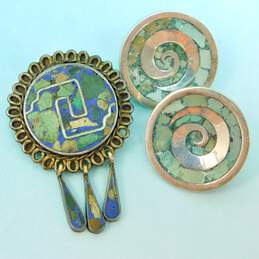 VTG Emma Taxco 925 Crushed Stone Inlay Spiral Screw Earrings & Pendant Brooch