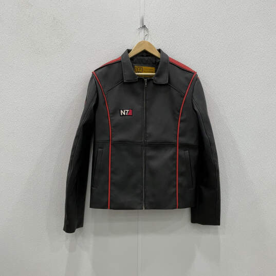Mens Black Red Collared Long Sleeve Front Pocket Full-Zip Jacket Size Large image number 1