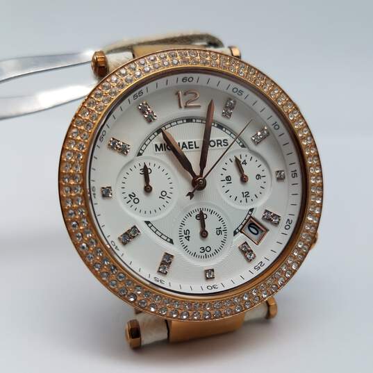 Michael Kors Rose Gold Crystal 39mm Leather Watch 65g image number 1