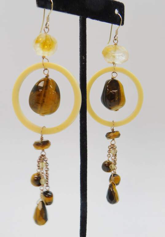Deb Guyot Bronze & 925 Faceted Citrine & Tigers Eye Light Yellow Circle Beaded Drop Earrings 27.2g image number 2