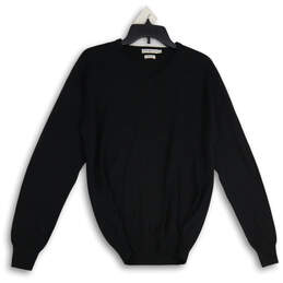 Mens Black Knitted V-Neck Long Sleeve Ribbed Hem Pullover Sweater Size Small