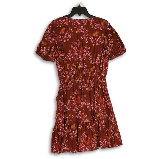 Womens Red Pink Floral Pleated Surplice Neck Short Sleeve A-Line Dress Sz 4 image number 2