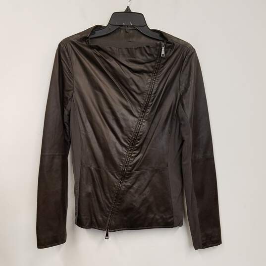 Womens Brown Leather Long Sleeve Round Neck Full Zip Biker Jacket Size 46 image number 1