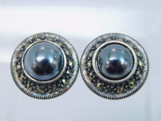 Judith Jack 925 Sterling Silver Marcasite & Pearl Omega Clip Earrings image number 3