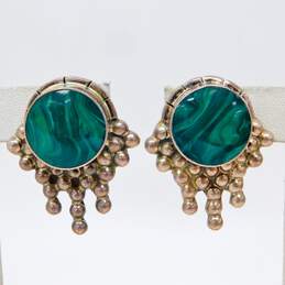 Taxco 925 Chunky Unique Malachite Inlay Clip On Earrings 28.1g alternative image