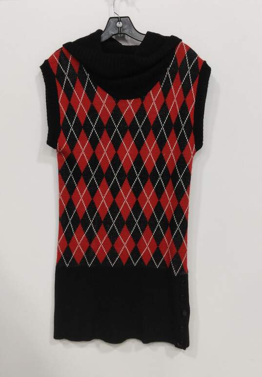 Women's Red Black Argyle Turtle Neck Knit Dress Size L image number 2