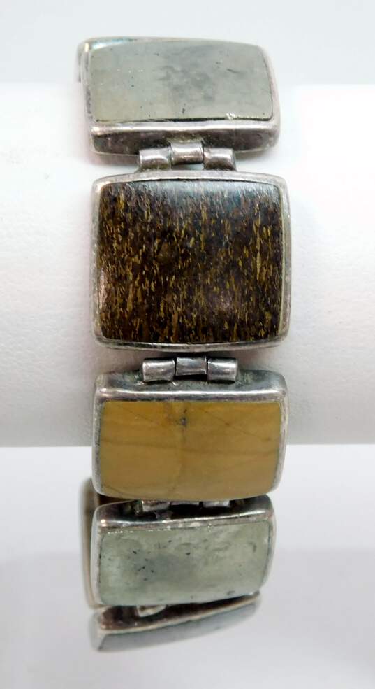 PB Peyote Bird 925 Bronzite Pyrite & Yellow Jasper Rectangle Panels Linked Toggle Bracelet 40.5g image number 3