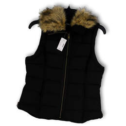 NWT Womens Black Sleeveless Fur Collar Quilted Full-Zip Puffer Vest Size S