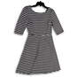 Womens Blue White Striped 3/4 Sleeve Boat Neck Fit and Flare Dress Size M image number 2